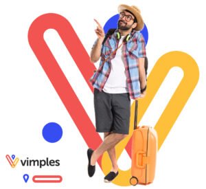 Homem com mala laranja blusa xadrez e chapéu de palha com o símbolo da Vimples ao fundo e a logo da Vimples do lado inferior esquerdo